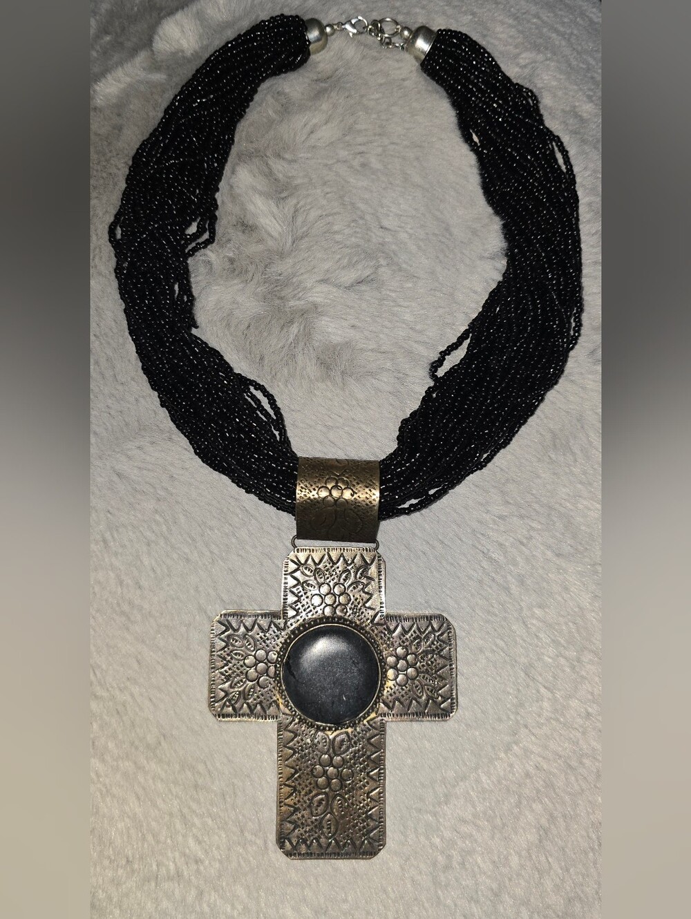 Vintage 1990s J Francis Multi Strand Seed Bead Cross Statement Necklace Boho